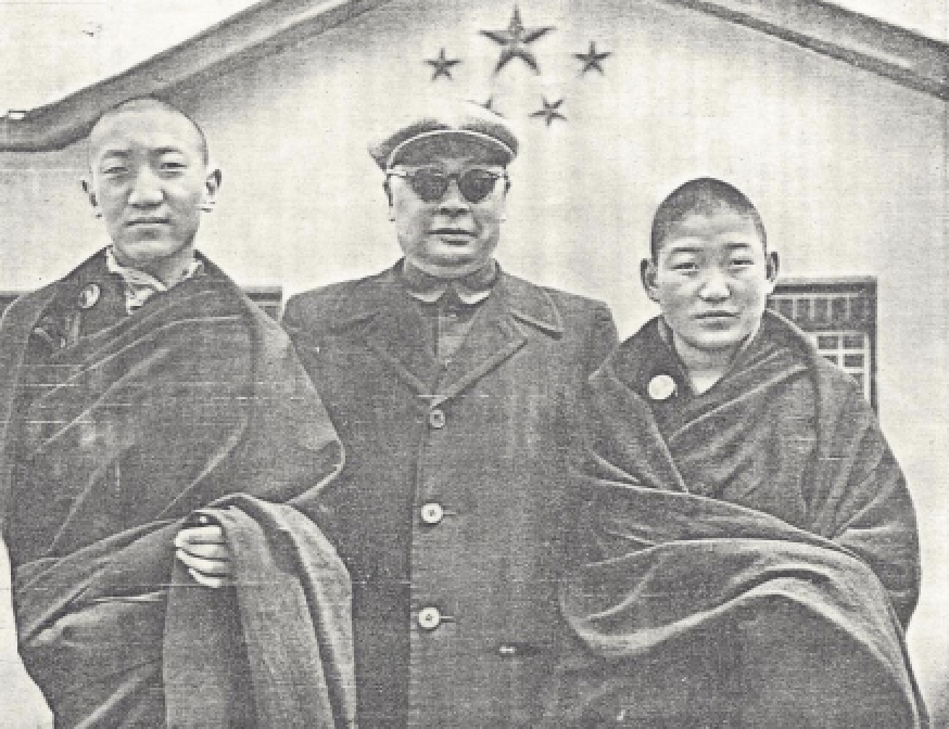 Black and white photo of three Tibetan men