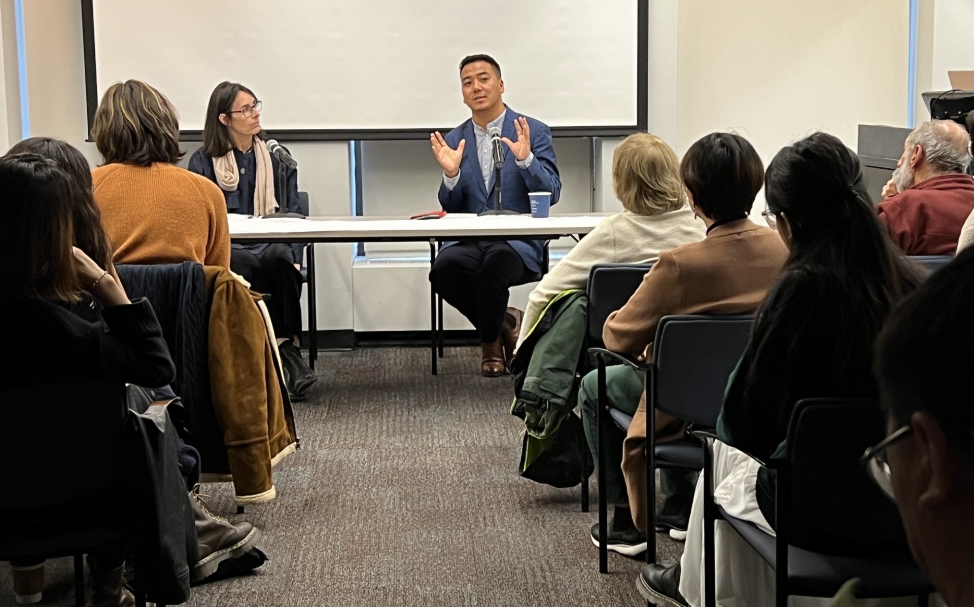 (R-L) Film Director Professor Huatse Gyal (Rice University) with event moderator Meg McLagan (Professor of Film Studies, Barnard College). Professor Huatse Gyal (right) with Professor Meg McLagan (left)