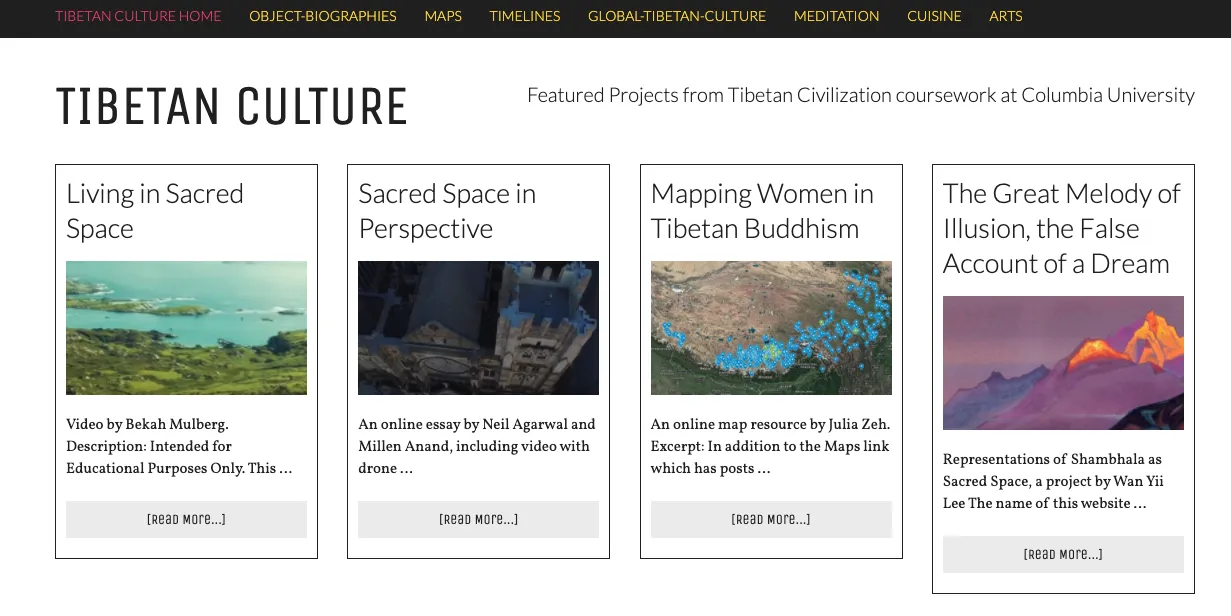 Home page of Tibetan Culture at Columbia page with student-generated work icons