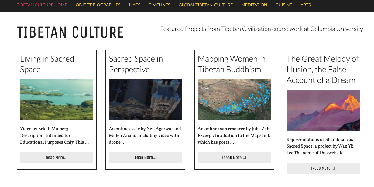 Home page of Tibetan Culture at Columbia page with student-generated work icons